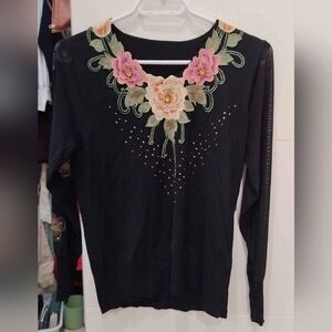 Women’s Sweater – Black with Floral Embroidery